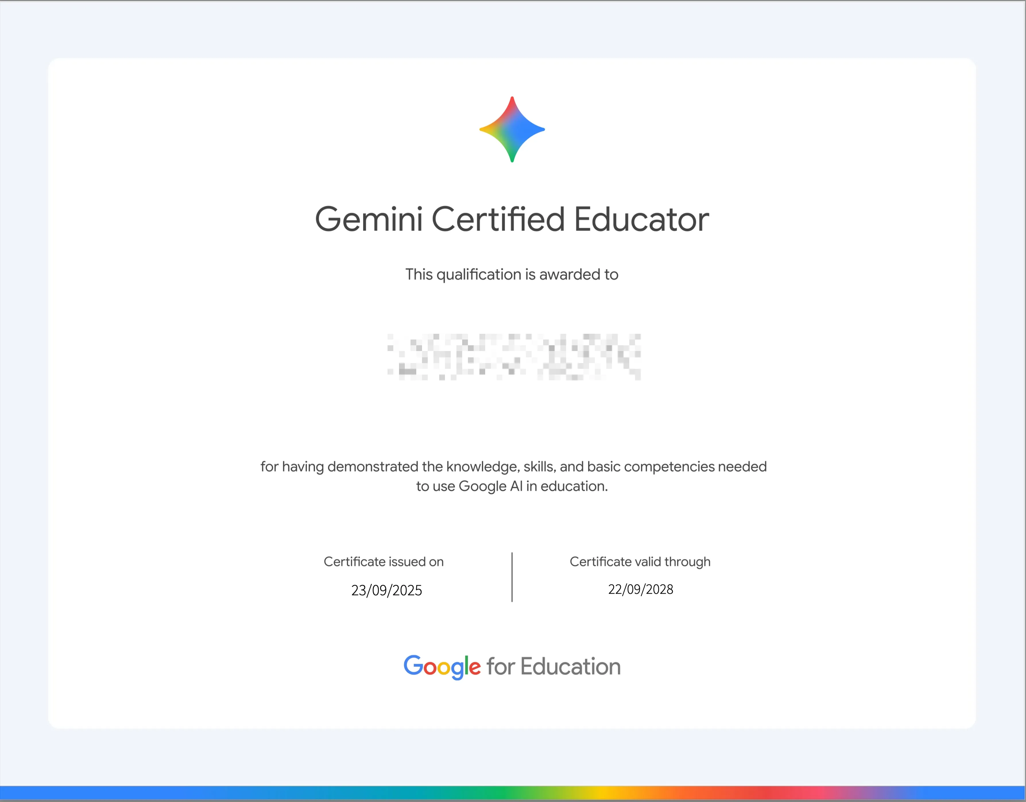 Gemini Certified Educator 官方認證證書示例（Google for Education）